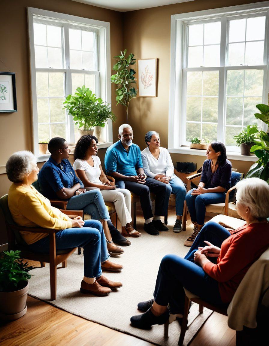 A warm and inviting scene depicting a diverse group of individuals of different ages and backgrounds coming together in a cozy support group setting. Include elements like comforting chairs, healing plants, and uplifting posters on the walls. Showcase an atmosphere of empathy and understanding, with people engaging in heartfelt conversations and sharing smiles. Gentle sunlight filtering through the window adds a hopeful touch. super-realistic. vibrant colors. cozy atmosphere.