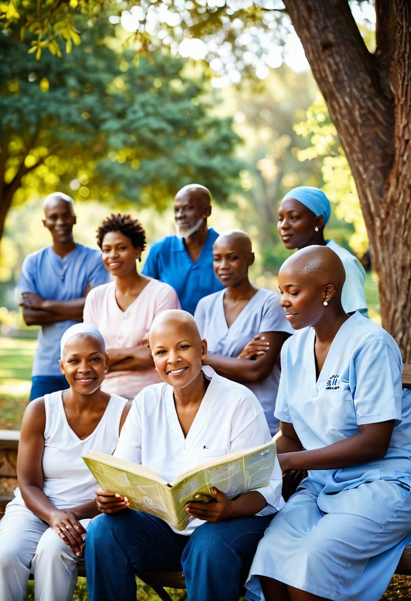 A diverse group of cancer patients and survivors sharing their experiences in a serene park, symbolizing support and hope. Include elements like a guidebook, a map, and uplifting quotes in the background. Soft sunlight filtering through trees to create a warm atmosphere. vignetting effect for a subtle focus on the group. super-realistic. vibrant colors.